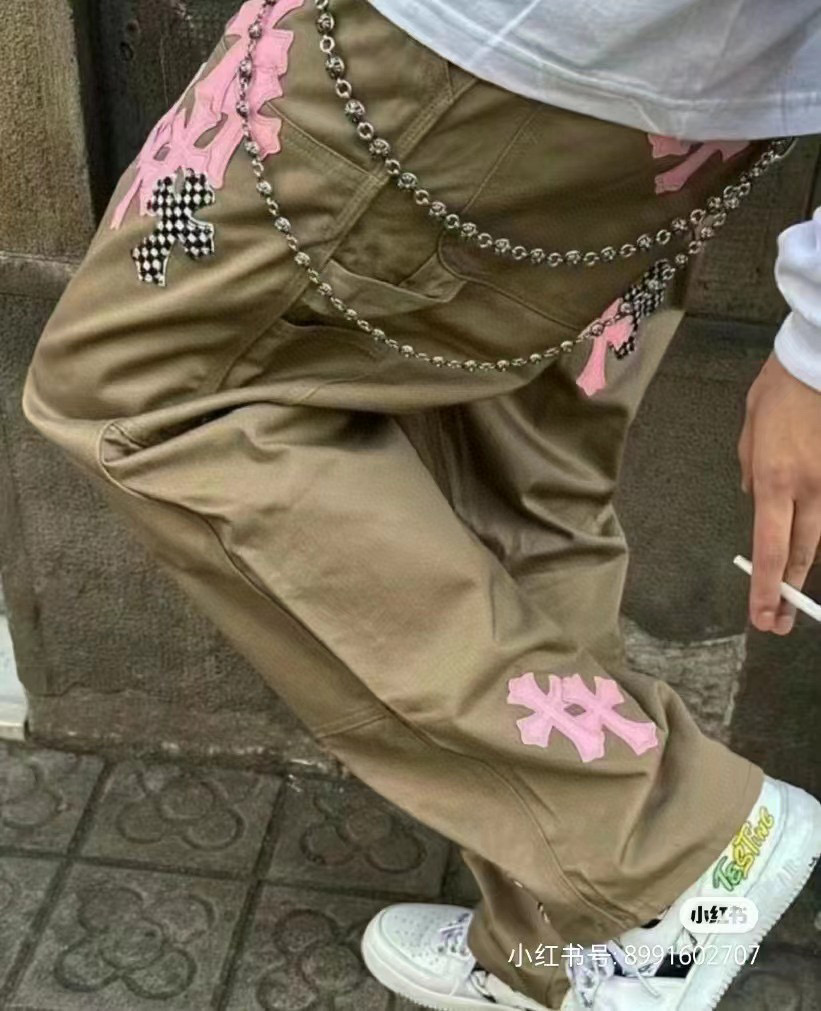 克十字架自主潮牌牛仔裤浅灰色真皮贴皮直筒裤子做旧工装真皮镀银