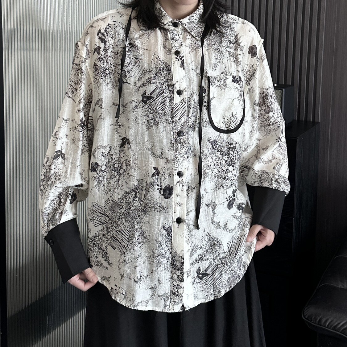 设计感小众山本街头风天丝长袖花衬衫女春夏新款宽松时尚薄款衬衣,女装衬衫,钱塘801（原钱塘901）