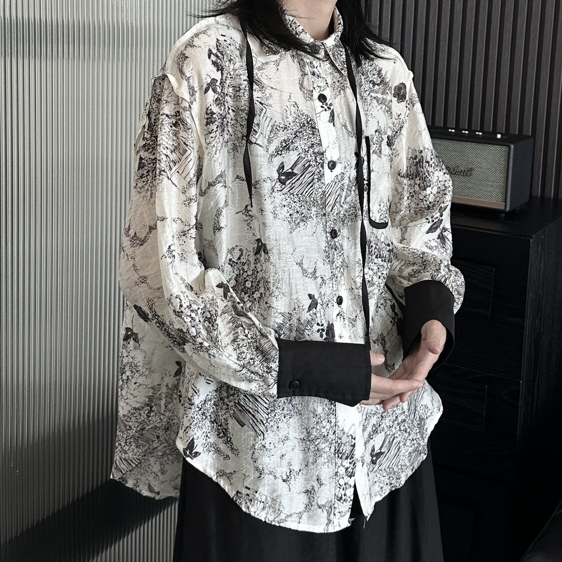 设计感小众山本街头风天丝长袖花衬衫女春夏新款宽松时尚薄款衬衣,女装衬衫,钱塘801（原钱塘901）
