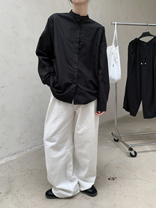 3097P65白色衬衫女上衣新款中长款小立领宽松慵懒风长袖衬衣图片