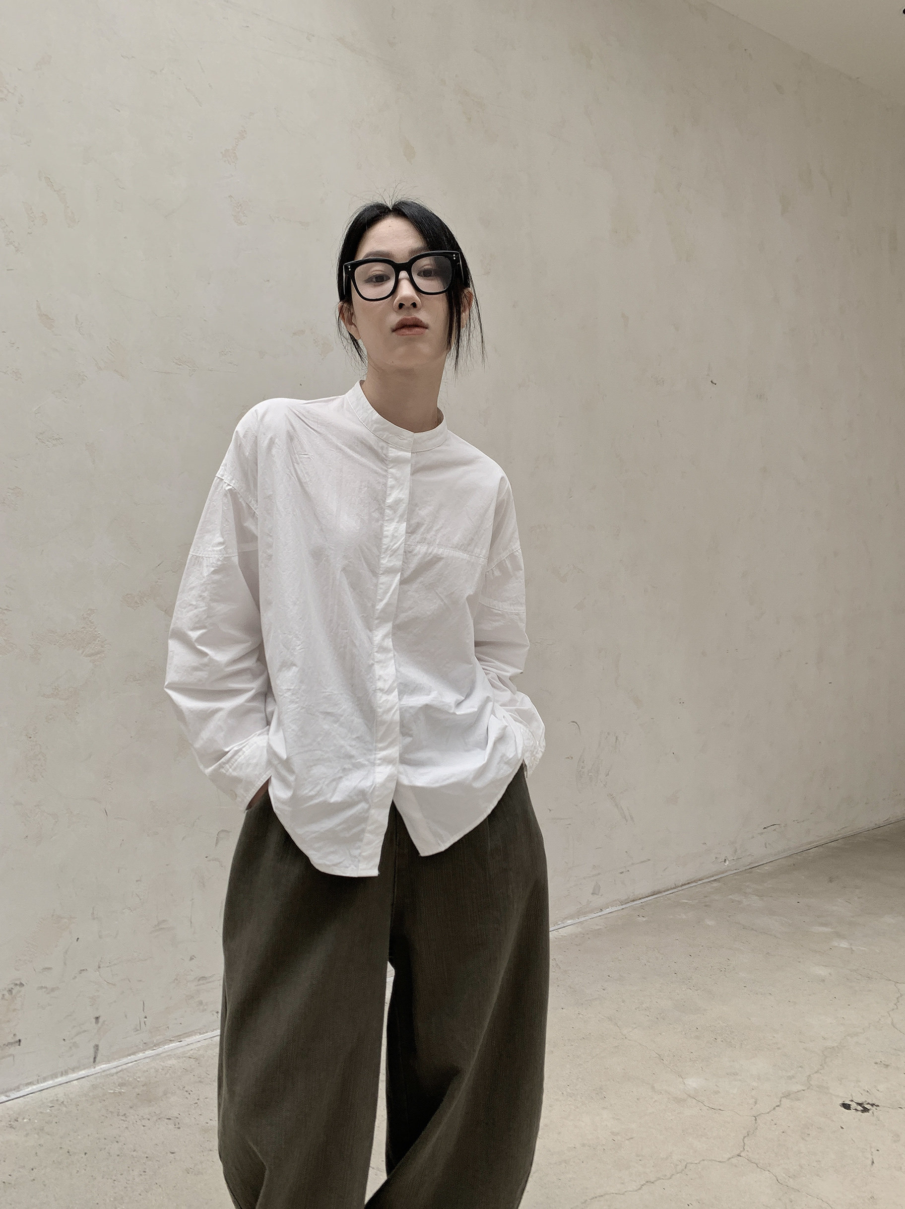 3097P65白色衬衫女上衣新款中长款小立领宽松慵懒风长袖衬衣,男装衬衫,钱塘801（原钱塘901）