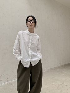 3097P65白色衬衫女上衣新款中长款小立领宽松慵懒风长袖衬衣图片