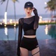 韩国比基尼泳衣女三件套黑色网纱透视bikini温泉泳装