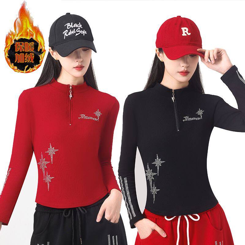 秋冬新款广场舞服装上衣棉加薄绒修身立领烫钻运动跳操曳步舞衣服