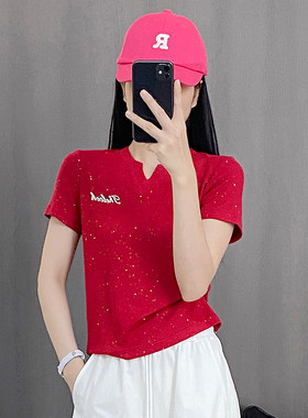 夏杨丽萍新款广场舞服装上衣棉V领满天星亮片修身短袖运动跳舞服