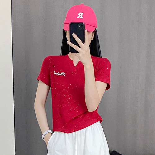 夏杨丽萍新款广场舞服装上衣棉V领满天星亮片修身短袖运动跳舞服