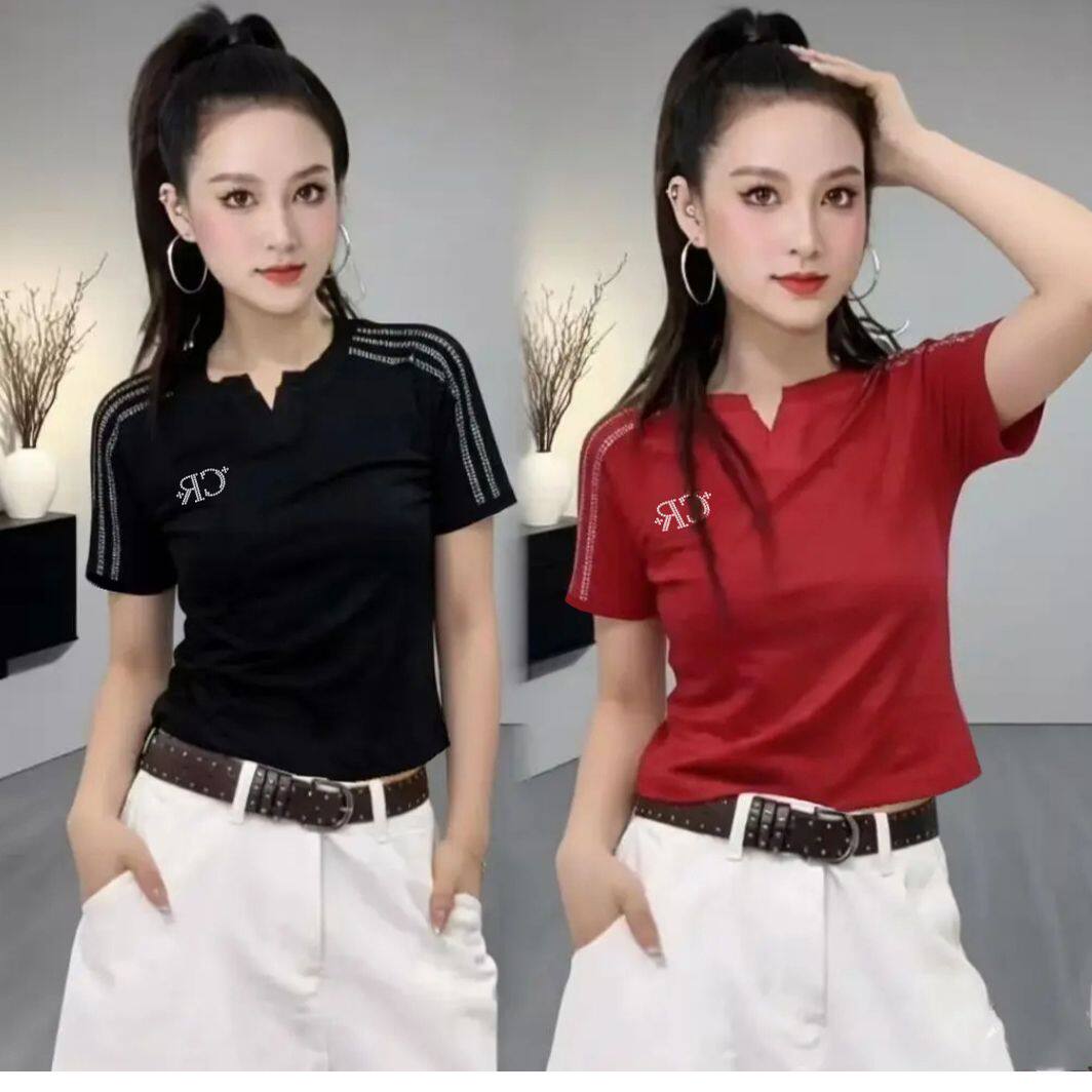 夏新款广场舞服装上衣棉V领短袖烫钻修身弹力运动跳操鬼步舞蹈衣