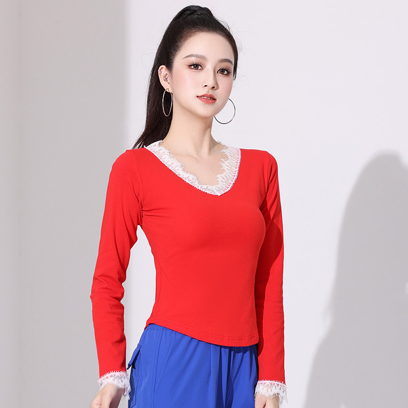 春新款杨丽萍广场舞服装上衣棉蕾丝拼接弹力运动体操跳鬼步舞衣服