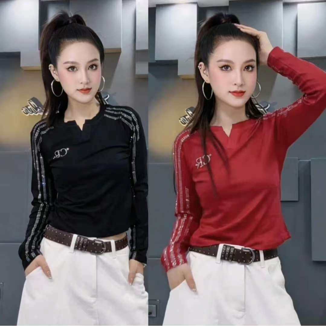 春秋新款广场舞服装上衣棉V领时尚烫钻显瘦运动跳体操鬼步舞衣服