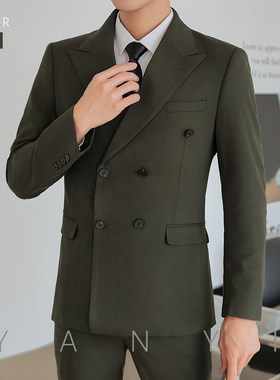 西装男套装深绿混织羊毛正装高级定制法派英式男士婚礼西服三件套