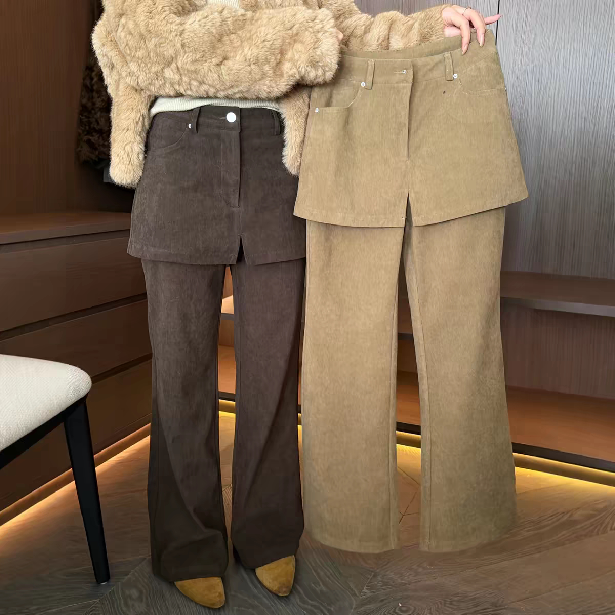 欧货时尚咖色灯芯绒屁帘微喇裤女2026冬季假两件加绒加厚遮肉阔腿