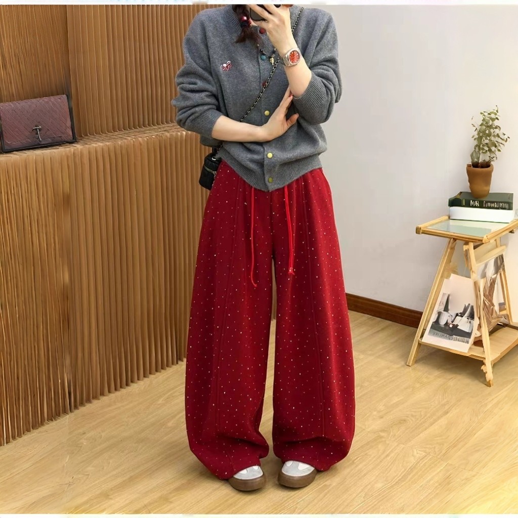 韩版时尚重工红色波点阔腿裤女冬季加绒高腰抽绳宽松显瘦休闲长裤,女装/女士精品,休闲裤,淘宝优惠券,粉丝福利购,淘宝优惠卷