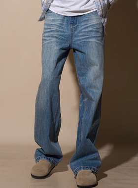 LOADMIND秋冬美式复古直筒牛仔裤裤子男潮宽松长裤蓝牛弯刀阔腿
