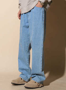 LOADMIND美式复古牛仔裤深蓝色微喇直筒宽松裤子男原色阔腿大码潮
