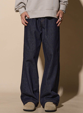 LOADMIND美式原牛加绒牛仔裤深蓝裤子男微喇直筒宽松原色阔腿大码