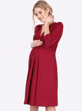 欧美孕妇装连衣裙中袖春夏莫代尔V领显瘦长裙深红色潮妈大月份yfz