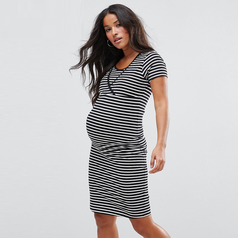 欧美明星同款大码黑白条纹中长款时尚孕妇装打底衫短袖孕妇裙潮妈