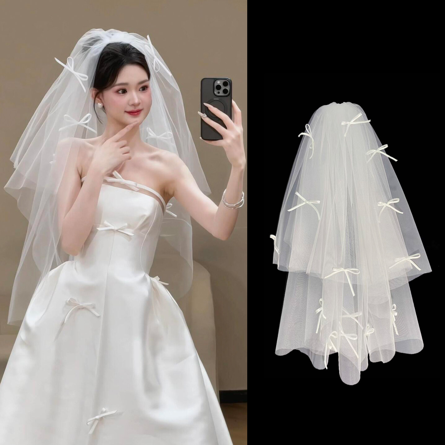 领证头纱登记求婚蝴蝶结新娘订婚结婚主婚纱高级道具婚礼头纱白色