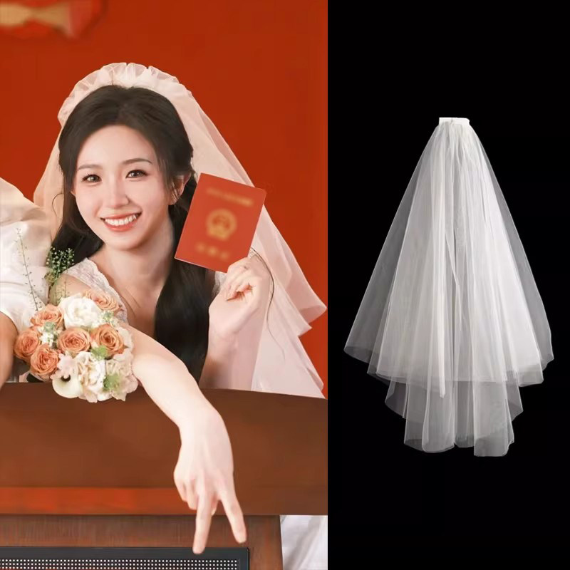 求婚头纱领证白色登记小头纱轻高级感拍照道具素结婚婚纱超仙婚礼