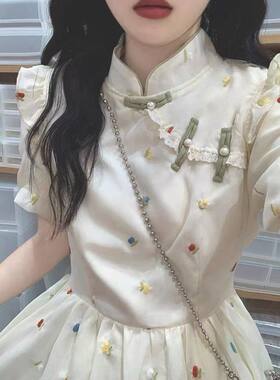 新中式国风碎花花朵连衣裙女夏季设计感气质收腰绝美仙女初恋长裙