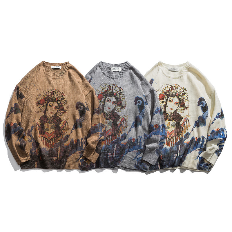 国潮秋冬毛衣男潮牌百搭潮流韩版印花套头圆领情侣针织衫上衣