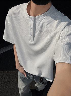 华夫格半拉链t恤男短袖夏季潮流痞帅男装夏款美式亨利衫半袖体恤