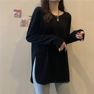 两边开叉打底衫女纯色春新款薄款长袖上衣遮屁股中长款恤女薄款