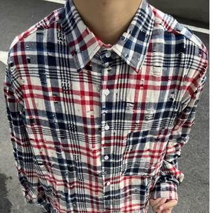 宽松韩版休闲复古设计感美式男女款高街格纹长袖衬衫外套潮春秋季