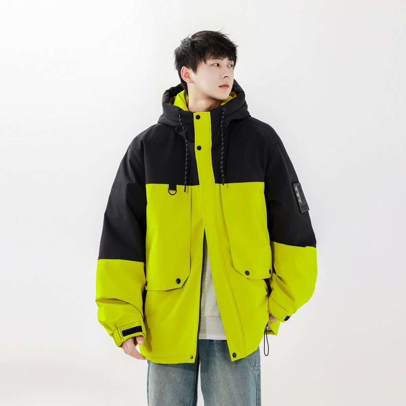 秋冬新品日系保暖鸭绒外套男士连帽休闲潮流情侣拼色服男