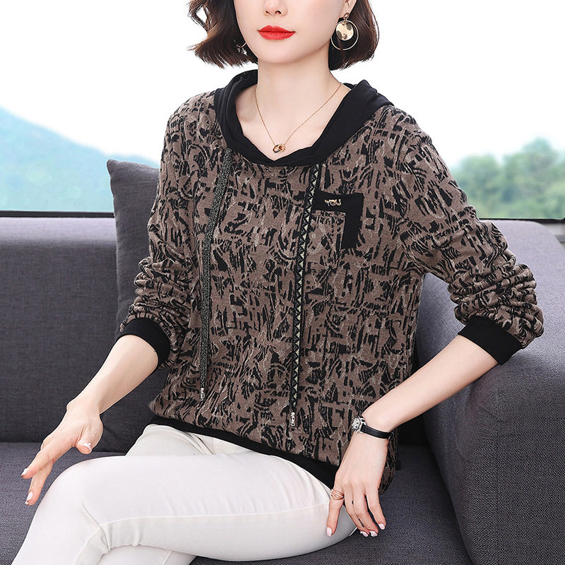 豹纹连帽卫衣女套头年秋冬新款宽松中老年妈妈女装上衣棉