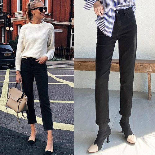 平替高腰气质土耳其黑色九分牛仔裤女+固色弹力加绒细节控