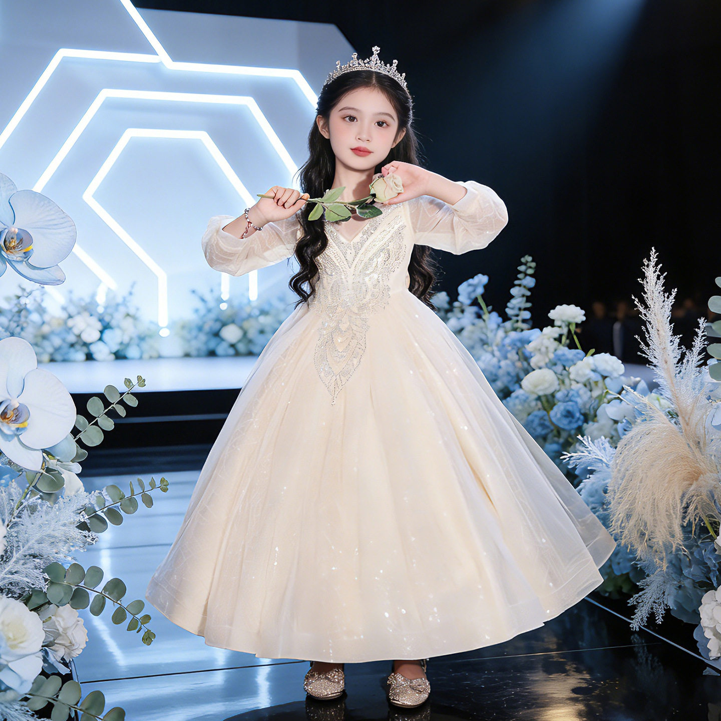 儿童女童香槟色蓬蓬裙公主裙长袖亮片花童礼服钢琴演出公主裙蕾丝