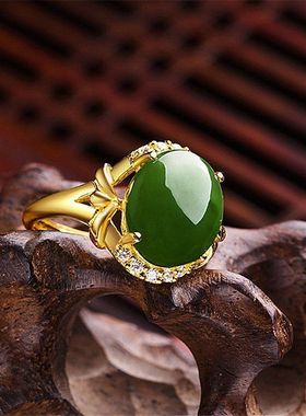 足金戒指女24k黄金镶碧绿轻奢