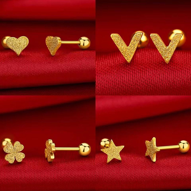 黄金耳钉女足金999爱心字母星星四叶草小巧迷你金包银养耳棒耳环