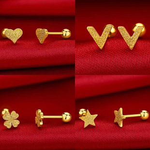 黄金耳钉女足金999爱心字母星星四叶草小巧迷你金包银养耳棒耳环