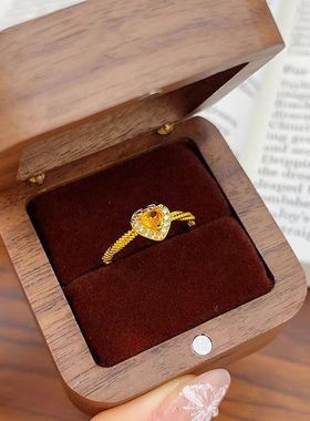 足金999黄金24k爱心形锆石戒指女