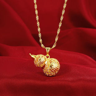 正品黄金24k足金福禄双全福字金葫芦吊坠项链女金包银镂空毛衣链