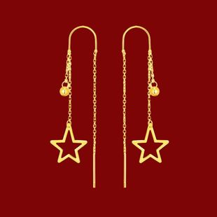 正品千足24k真金星星耳线女款仿黄金色长款气质流苏沙金耳饰耳环