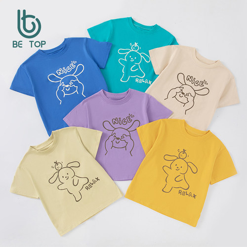 betop童装新品儿童卡通兔子短袖T恤夏款男女童圆领休闲上衣棉质薄