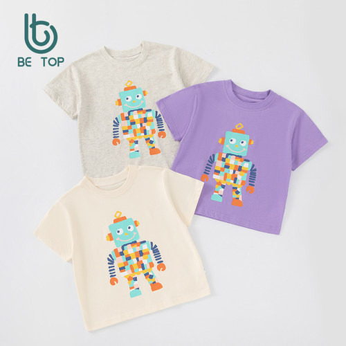betop童装夏季新款儿童卡通机器人短袖T恤圆领宽松上衣宝宝棉质衫