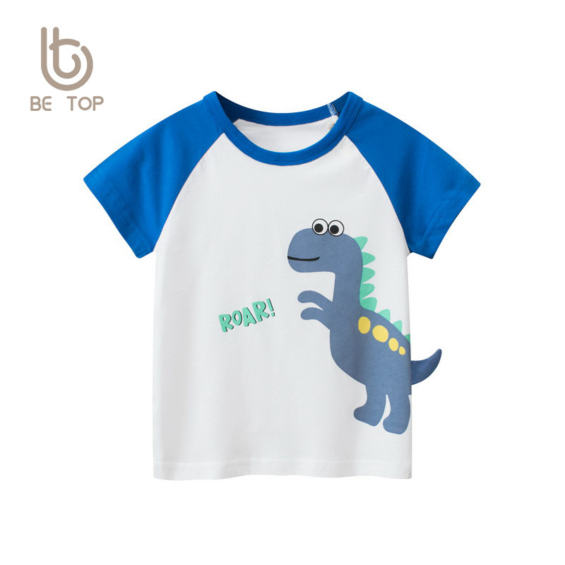 韩版童装夏季新款儿童卡通恐龙短袖T恤纯棉拼色圆领男童宝宝上衣