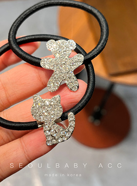 商场柜台同款韩国进口发饰可爱卡通小猫小熊水钻发绳少女皮筋发圈