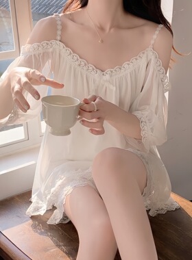 夏季超薄伪娘连衣裙性感白色蕾丝垂感吊带丝滑家居女装大佬睡裙