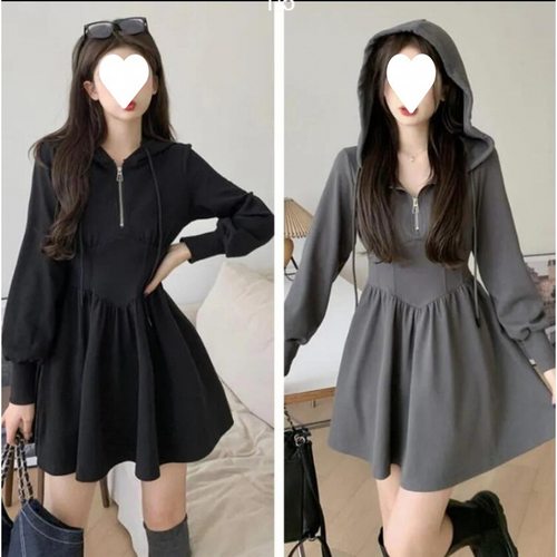 秋冬大码黑色连帽伪娘连衣裙休闲性感短裙收腰日常女装大佬卫衣裙