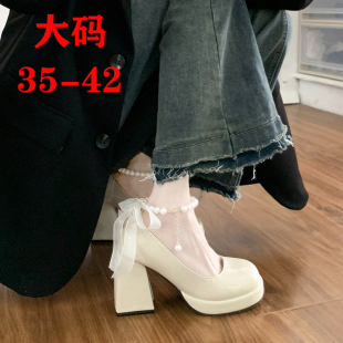 35-42伪娘高跟鞋粗跟夏季浅口单鞋玛丽珍鞋女装大佬cos用品小皮鞋