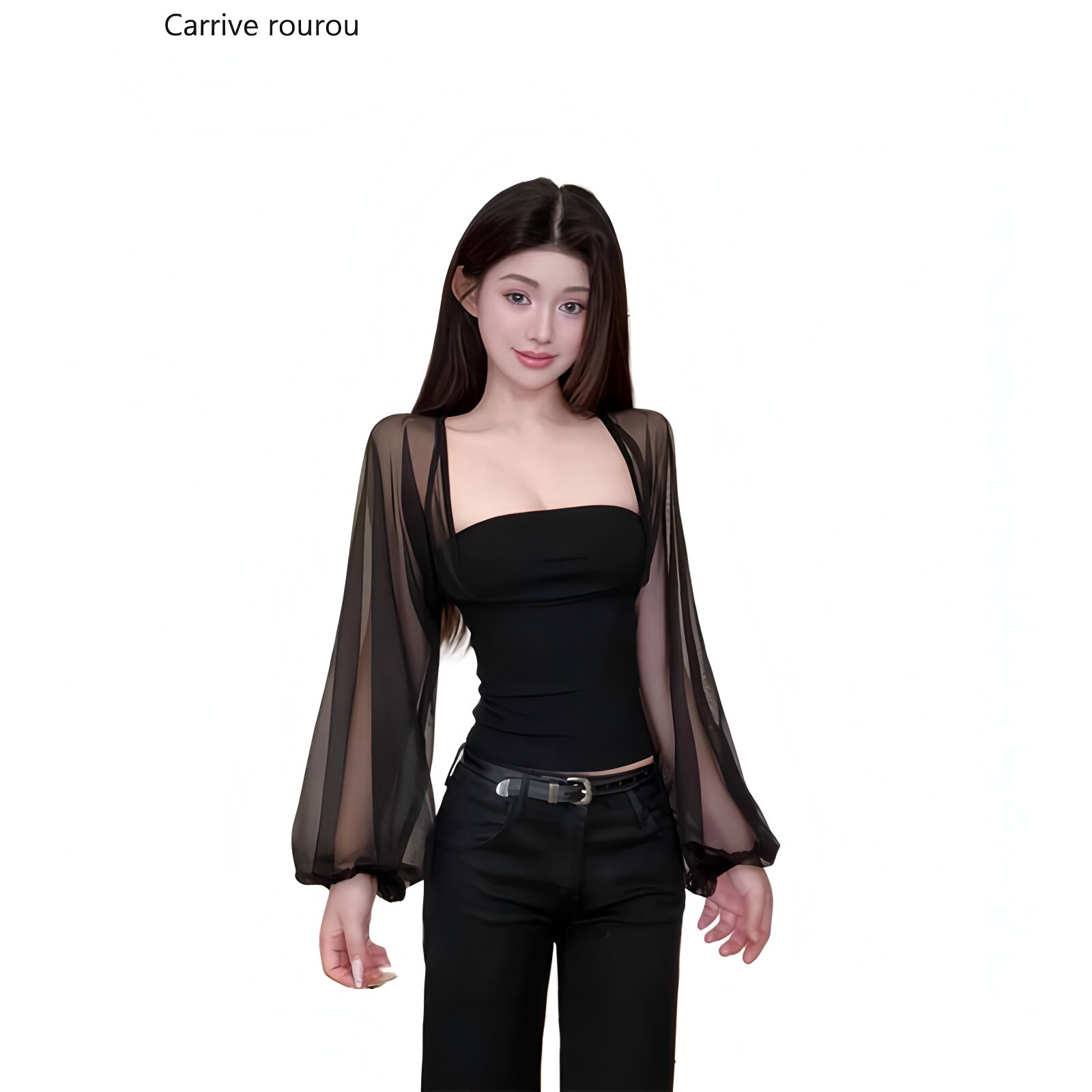 【Carrive宋肉肉】设计感网纱拼接灯笼袖上衣女收腰显瘦长袖t恤
