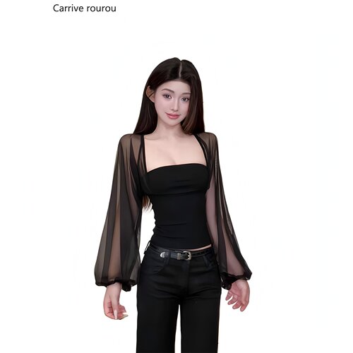 【Carrive宋肉肉】设计感网纱拼接灯笼袖上衣女收腰显瘦长袖t恤