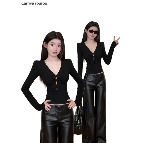 【Carrive宋肉肉】胸垫款辣妹性感镂空修身显瘦气质长袖打底上衣