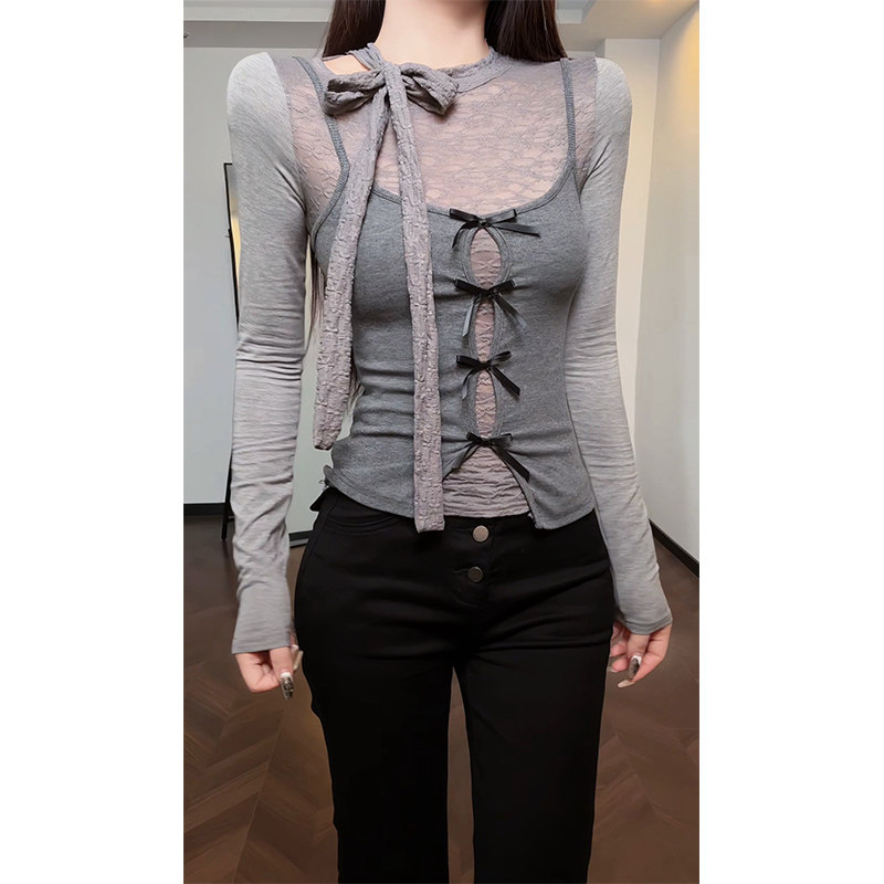 【Carrive宋肉肉】两件套长袖打底衫小众法式蕾丝拼接蝴蝶结上衣,女装/女士精品,T恤,淘宝优惠券,粉丝福利购,淘宝优惠卷