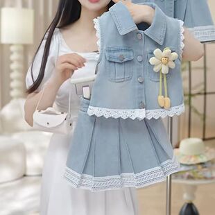 女童夏季花朵牛仔套装洋气蕾丝背心两件时尚甜美新款时髦马甲套裙